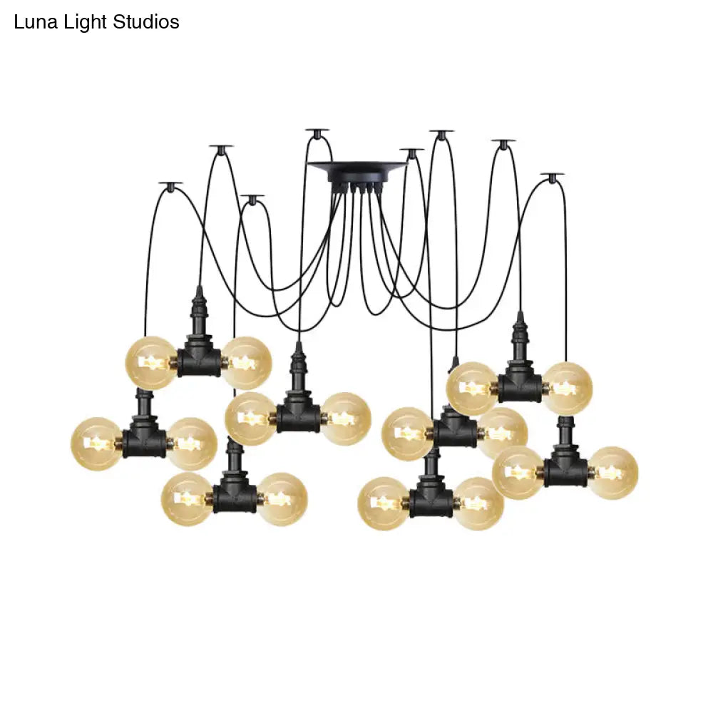 Industrial Orb Amber Glass Swag Pendant Lamp - 4/6/12 Bulbs Multi Hanging Light Fixture Black