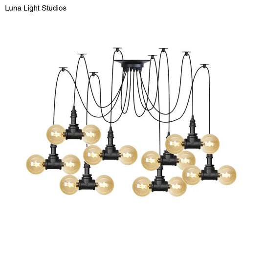 Industrial Orb Amber Glass Swag Pendant Lamp - 4/6/12 Bulbs Multi Hanging Light Fixture Black