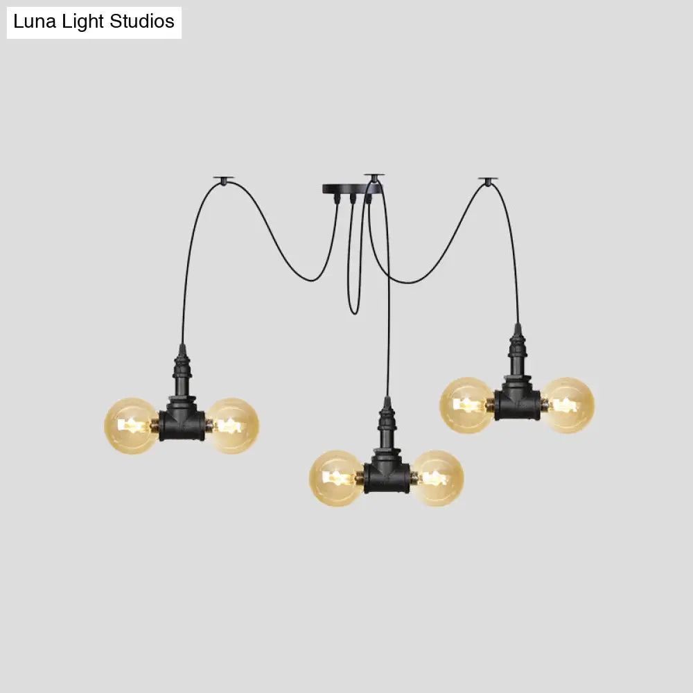 Industrial Orb Amber Glass Swag Pendant Lamp - 4/6/12 Bulbs Multi Hanging Light Fixture Black