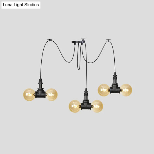 Industrial Orb Amber Glass Swag Pendant Lamp - 4/6/12 Bulbs Multi Hanging Light Fixture Black