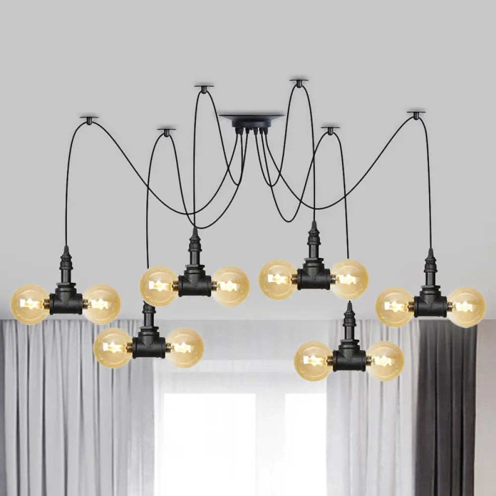 Industrial Orb Amber Glass Pendant Lamp - Multi Hanging Light Fixture (4/6/12 Bulbs) In Black 12 /