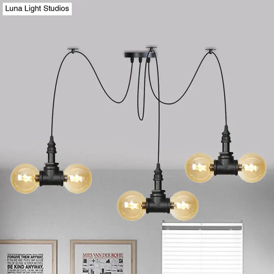 Industrial Orb Amber Glass Swag Pendant Lamp - 4/6/12 Bulbs Multi Hanging Light Fixture Black