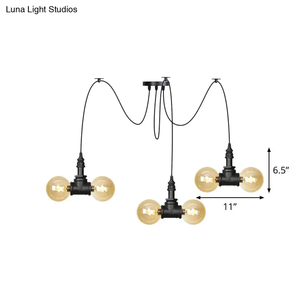 Industrial Orb Amber Glass Swag Pendant Lamp - 4/6/12 Bulbs Multi Hanging Light Fixture Black