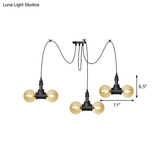 Industrial Orb Amber Glass Swag Pendant Lamp - 4/6/12 Bulbs Multi Hanging Light Fixture Black