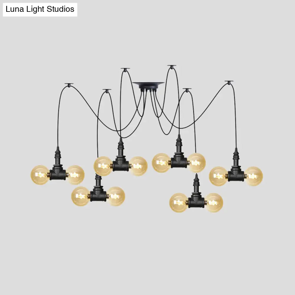 Industrial Orb Amber Glass Swag Pendant Lamp - 4/6/12 Bulbs Multi Hanging Light Fixture Black