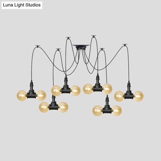 Industrial Orb Amber Glass Swag Pendant Lamp - 4/6/12 Bulbs Multi Hanging Light Fixture Black