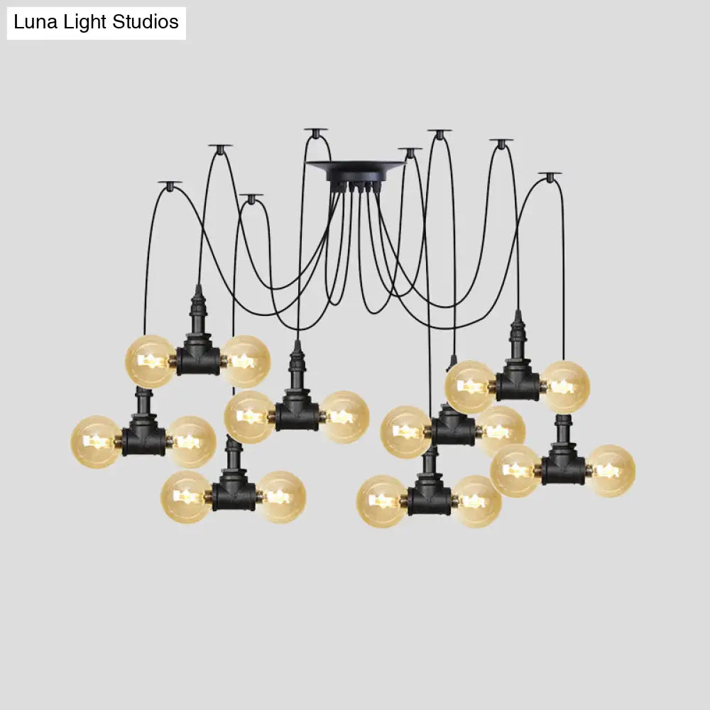 Industrial Orb Amber Glass Swag Pendant Lamp - 4/6/12 Bulbs Multi Hanging Light Fixture Black