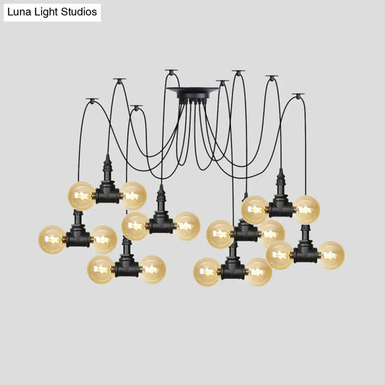 Industrial Orb Amber Glass Swag Pendant Lamp - 4/6/12 Bulbs Multi Hanging Light Fixture Black