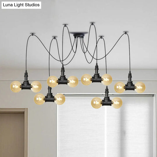 Industrial Orb Amber Glass Swag Pendant Lamp - 4/6/12 Bulbs Multi Hanging Light Fixture Black