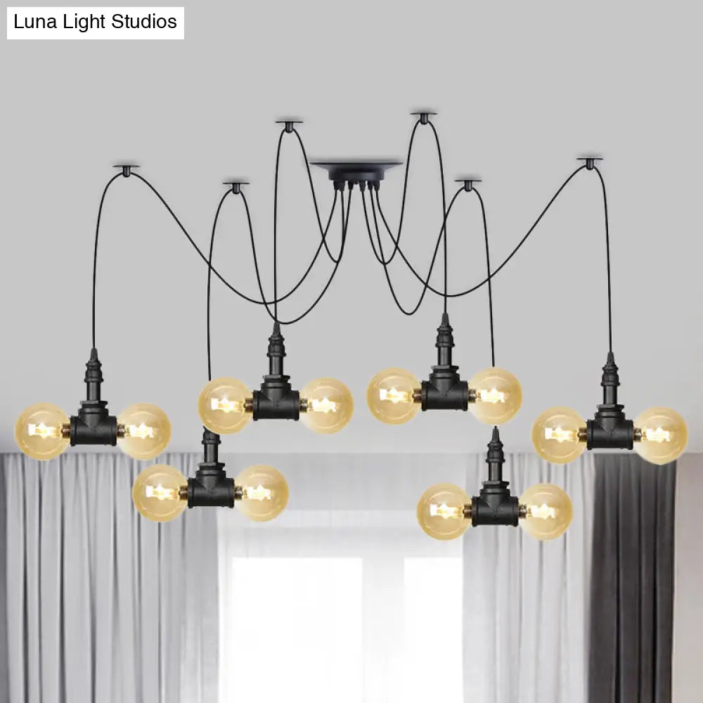 Industrial Orb Amber Glass Swag Pendant Lamp - 4/6/12 Bulbs Multi Hanging Light Fixture Black