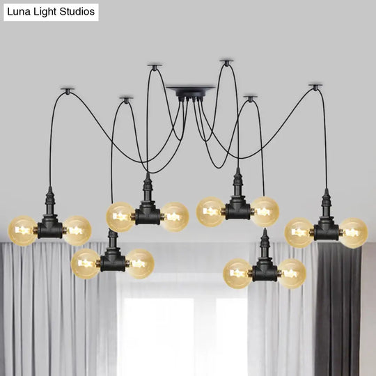 Industrial Orb Amber Glass Swag Pendant Lamp - 4/6/12 Bulbs Multi Hanging Light Fixture Black