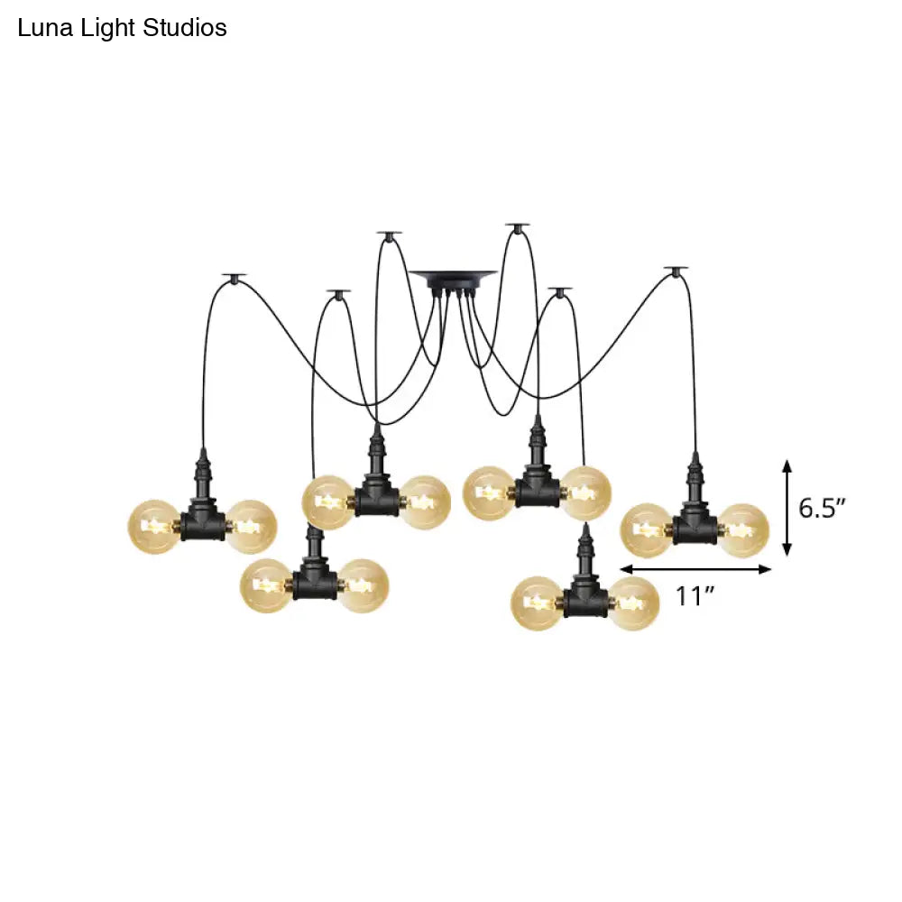 Industrial Orb Amber Glass Pendant Lamp - Multi Hanging Light Fixture (4/6/12 Bulbs) In Black