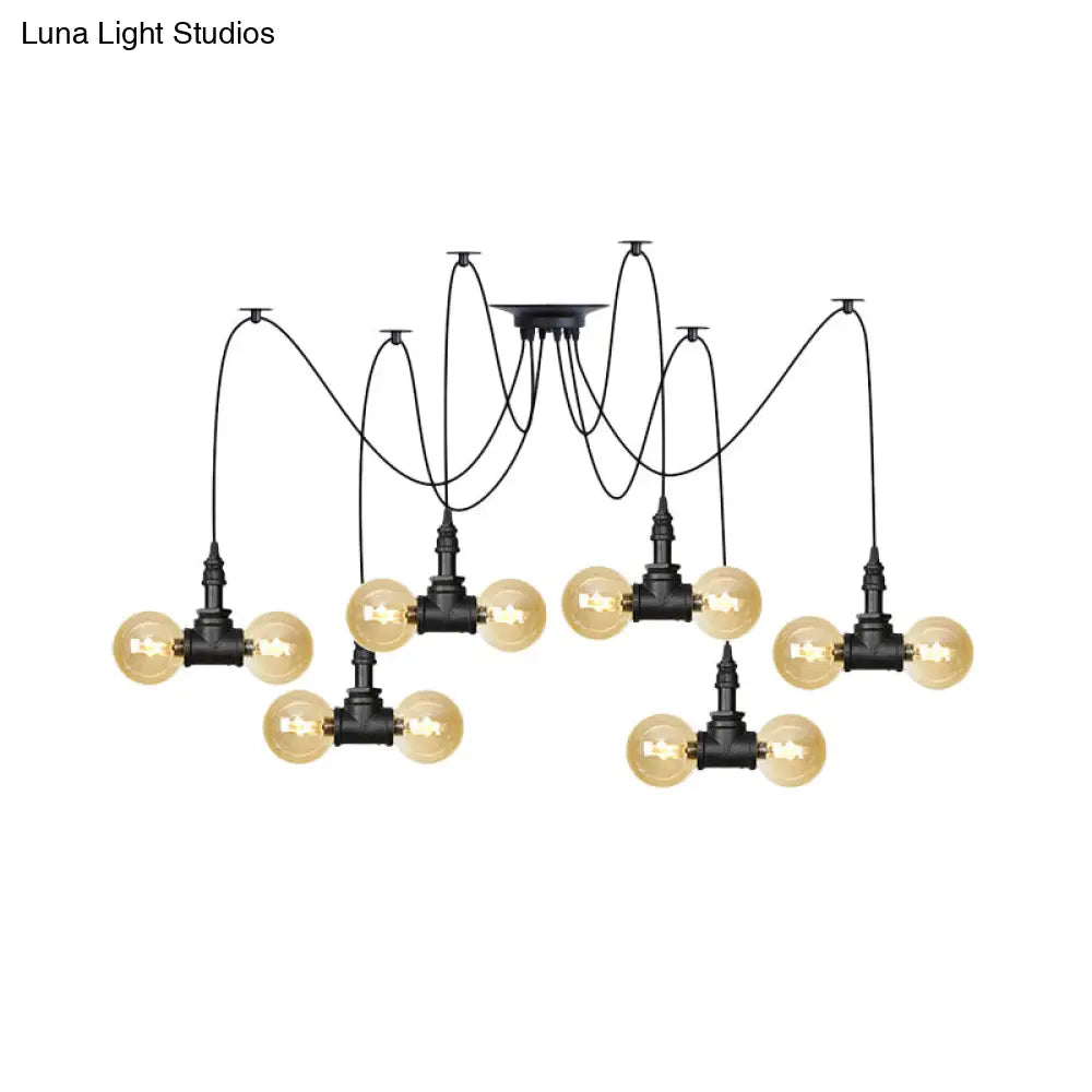 Industrial Orb Amber Glass Swag Pendant Lamp - 4/6/12 Bulbs Multi Hanging Light Fixture Black