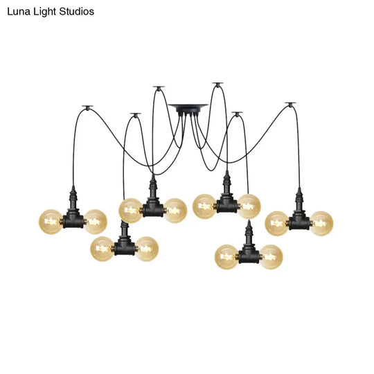 Industrial Orb Amber Glass Swag Pendant Lamp - 4/6/12 Bulbs Multi Hanging Light Fixture Black