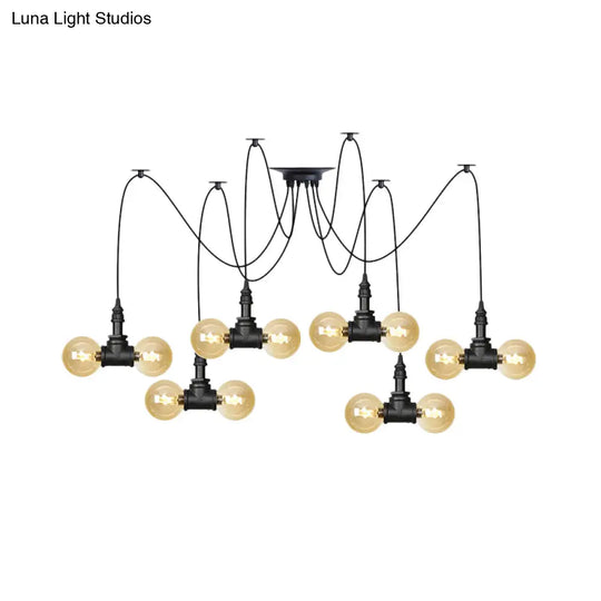 Industrial Orb Amber Glass Pendant Lamp - Multi Hanging Light Fixture (4/6/12 Bulbs) In Black