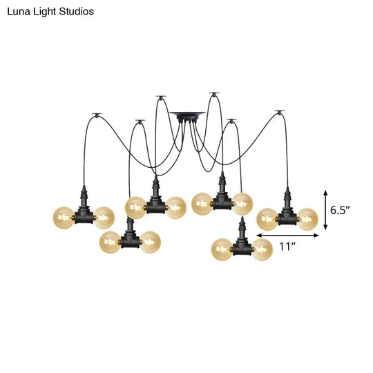 Industrial Orb Amber Glass Swag Pendant Lamp - 4/6/12 Bulbs Multi Hanging Light Fixture Black