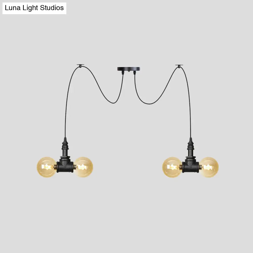 Industrial Orb Amber Glass Swag Pendant Lamp - 4/6/12 Bulbs Multi Hanging Light Fixture Black