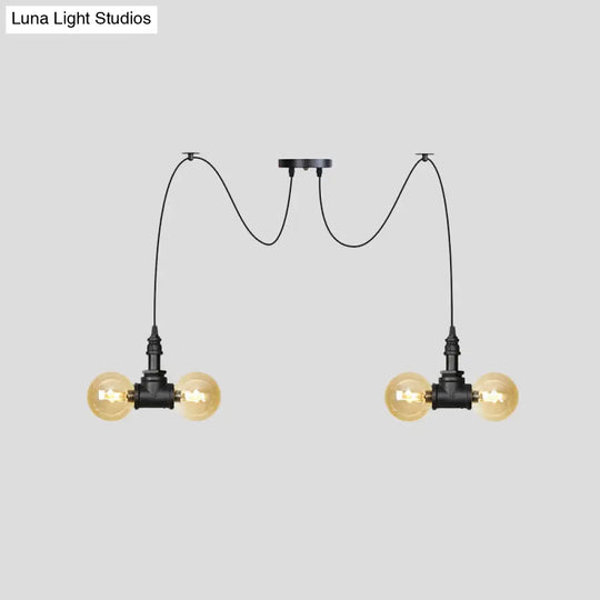 Industrial Orb Amber Glass Swag Pendant Lamp - 4/6/12 Bulbs Multi Hanging Light Fixture Black