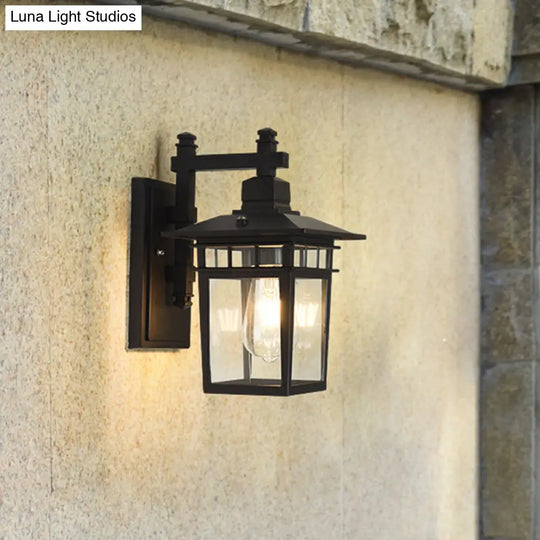 Industrial Outdoor Wall Lamp: Pavilion Clear Glass Mounted Light In Black - 1-Bulb