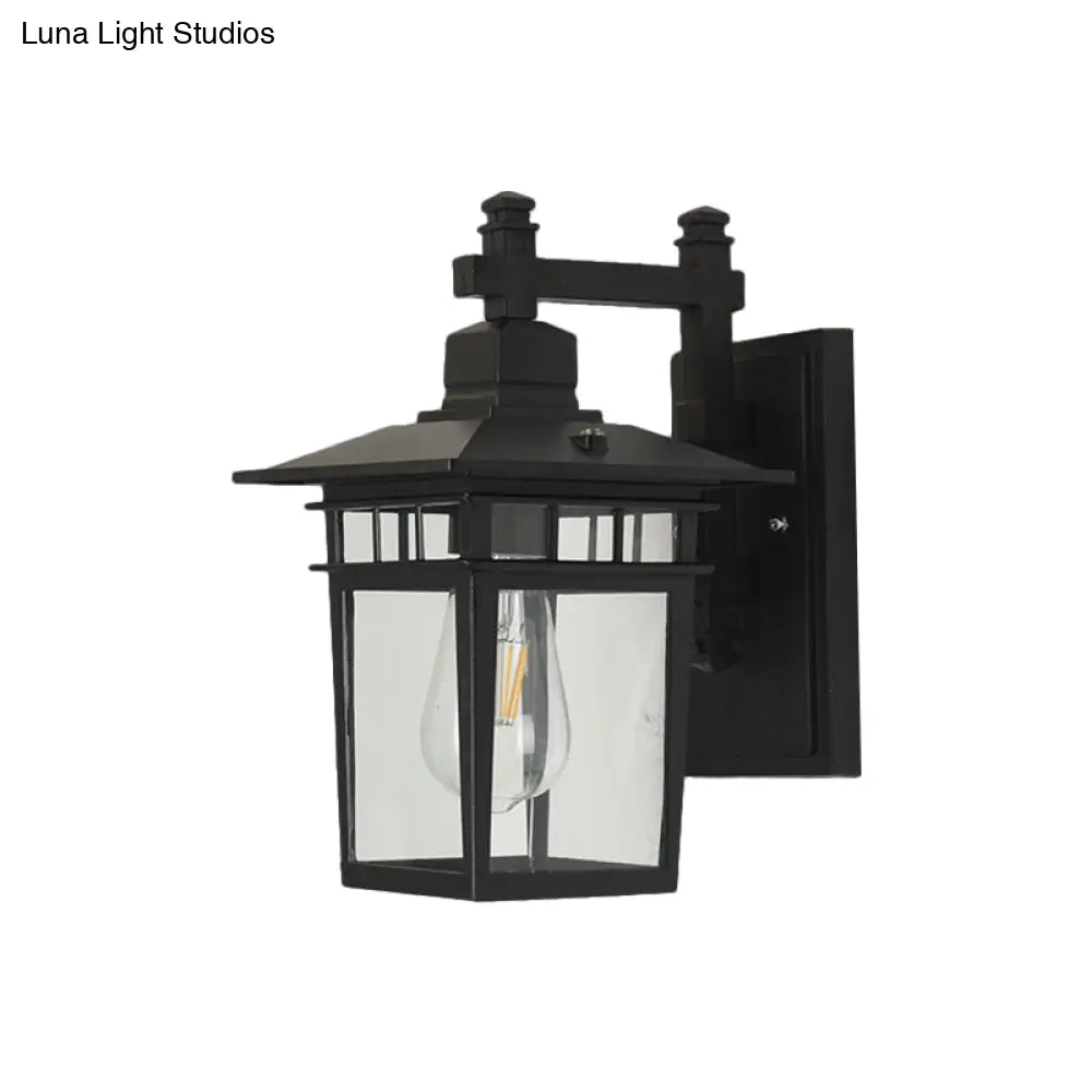 Industrial Outdoor Wall Lamp: Pavilion Clear Glass Mounted Light In Black - 1-Bulb