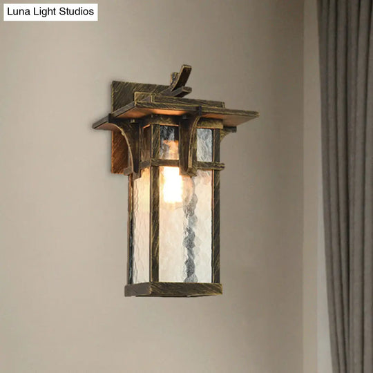 Industrial Outdoor Wall Sconce - Black/Brass Finish Clear Water Glass 1-Light