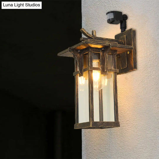 Industrial Outdoor Wall Sconce - Black/Brass Finish Clear Water Glass 1-Light