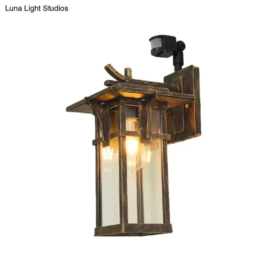 Industrial Outdoor Wall Sconce - Black/Brass Finish Clear Water Glass 1-Light