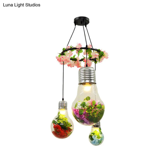 Industrial Pendant Ceiling Lamp - Clear Glass Bulb Cluster With 3 Led Lights Black Finish And