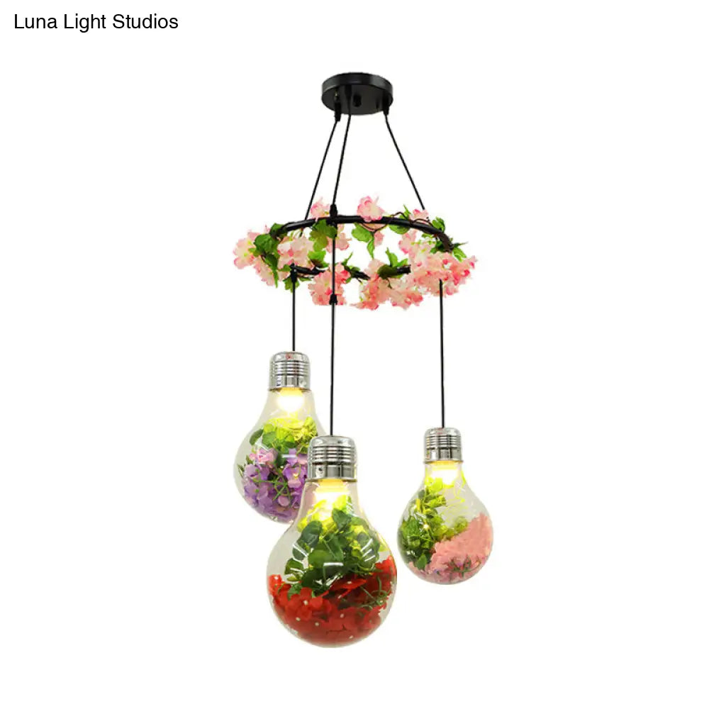 Industrial 3-Light Clear Glass Pendant Ceiling Lamp With Flower Decoration And Led Bulbs In Black