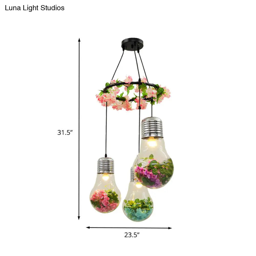 Industrial 3-Light Clear Glass Pendant Ceiling Lamp With Flower Decoration And Led Bulbs In Black