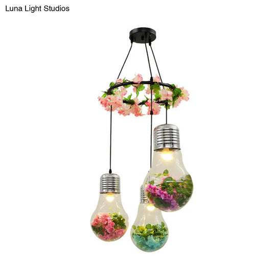 Industrial 3-Light Clear Glass Pendant Ceiling Lamp With Flower Decoration And Led Bulbs In Black