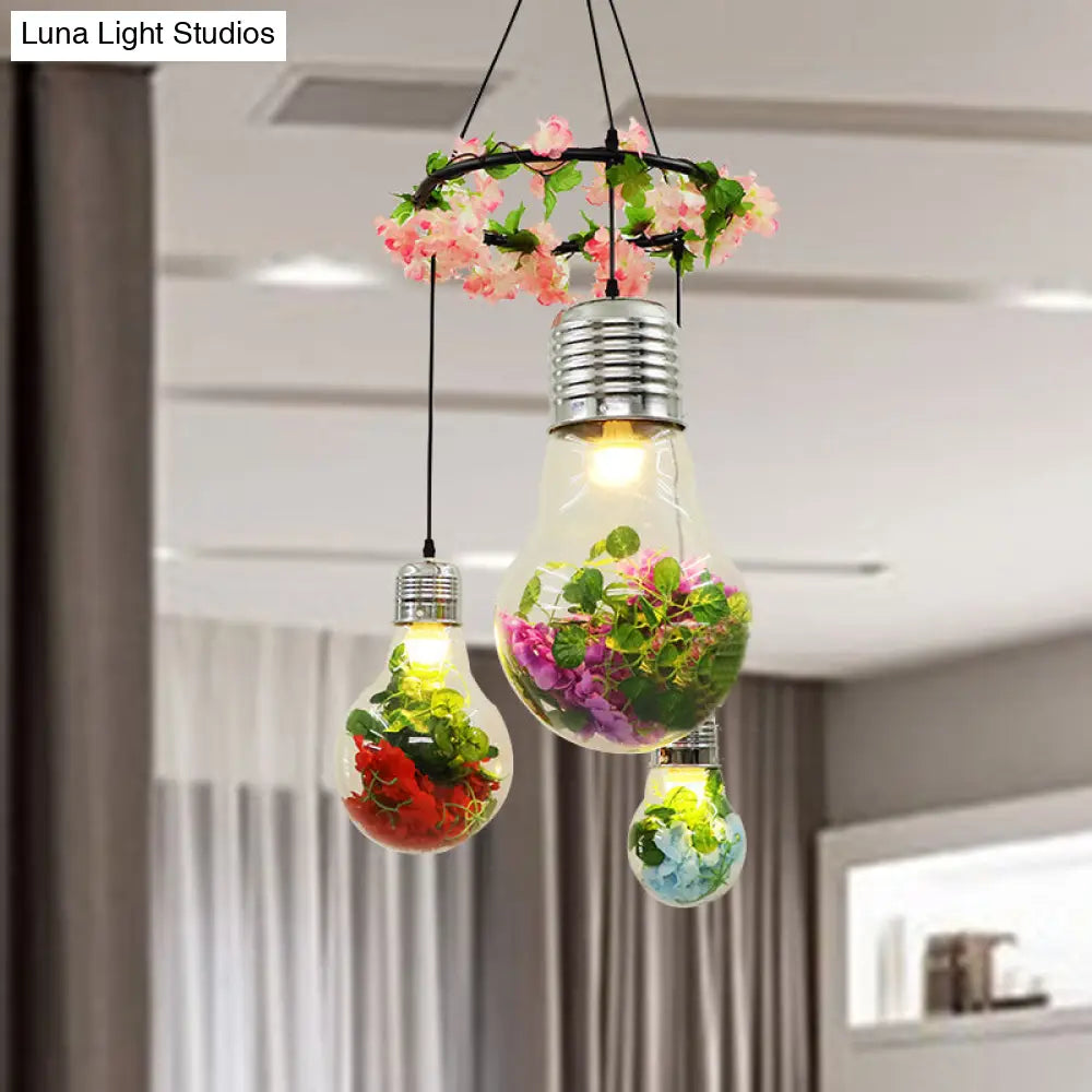 Industrial 3-Light Clear Glass Pendant Ceiling Lamp With Flower Decoration And Led Bulbs In Black