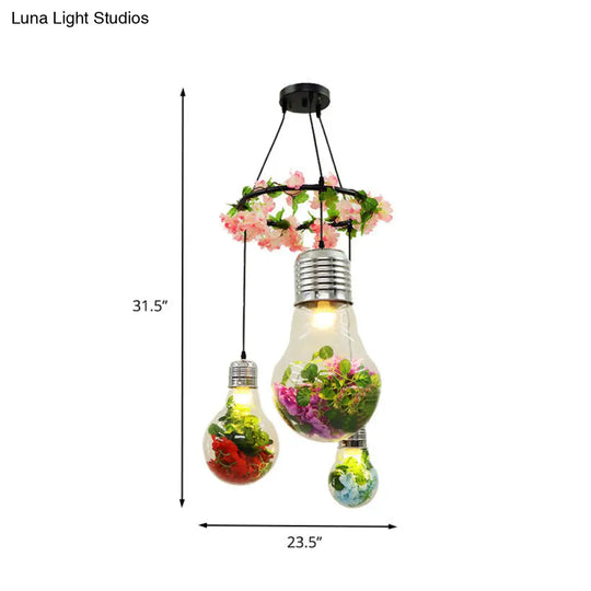 Industrial 3-Light Clear Glass Pendant Ceiling Lamp With Flower Decoration And Led Bulbs In Black