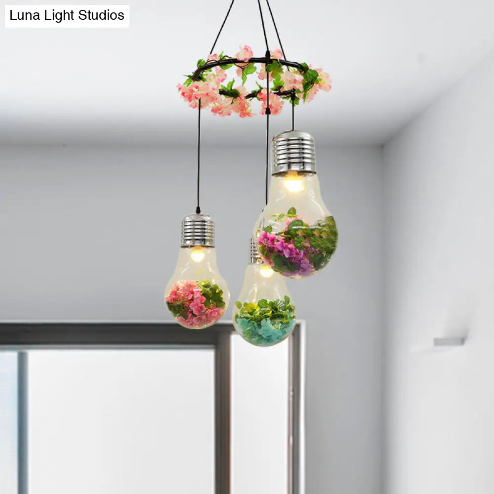 Industrial 3-Light Clear Glass Pendant Ceiling Lamp With Flower Decoration And Led Bulbs In Black