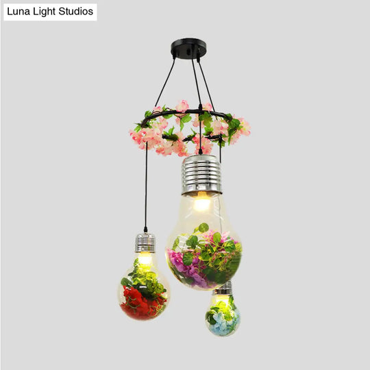 Industrial 3-Light Clear Glass Pendant Ceiling Lamp With Flower Decoration And Led Bulbs In Black