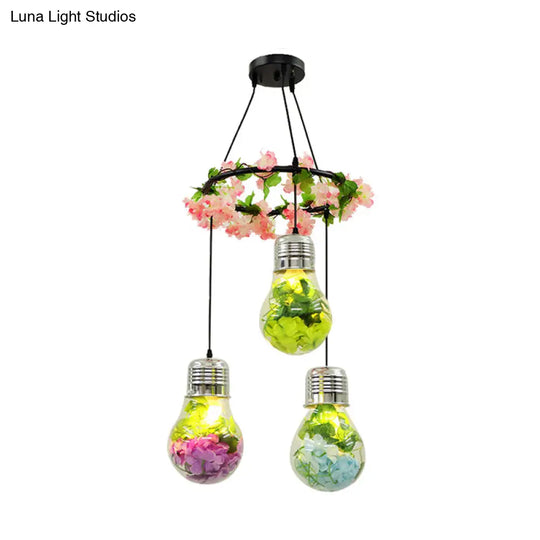 Industrial Pendant Ceiling Lamp - Clear Glass Bulb Cluster With 3 Led Lights Black Finish And