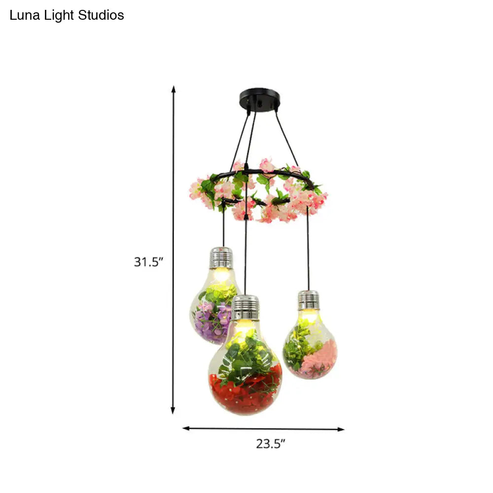 Industrial 3-Light Clear Glass Pendant Ceiling Lamp With Flower Decoration And Led Bulbs In Black