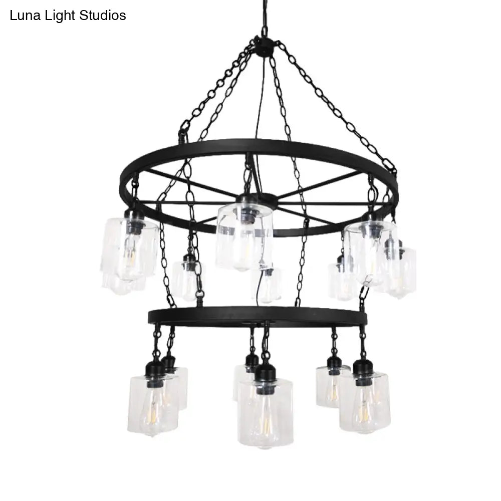 Industrial Clear Glass Black Chandelier Pendant Lamp - 2 Tiers Multi-Light Wheel Design With