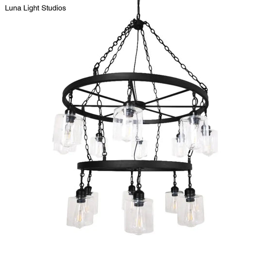 Industrial Clear Glass Black Chandelier Pendant Lamp - 2 Tiers Multi-Light Wheel Design With