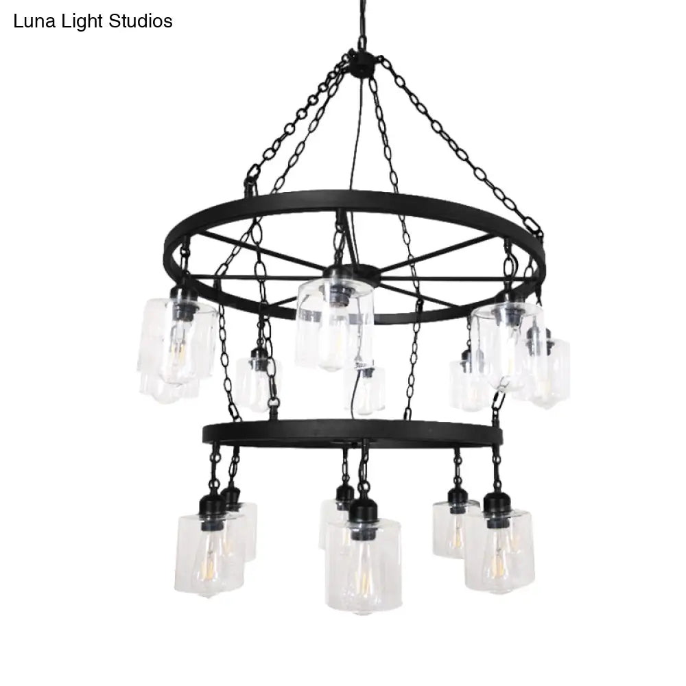 Industrial Pendant Chandelier: 2-Tier Wheel Multi-Light Lamp With Clear Glass Black Finish And