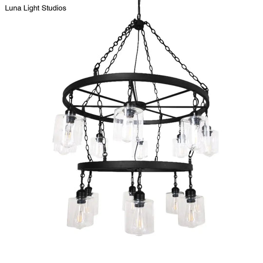 Industrial Pendant Chandelier: 2-Tier Wheel Multi-Light Lamp With Clear Glass Black Finish And