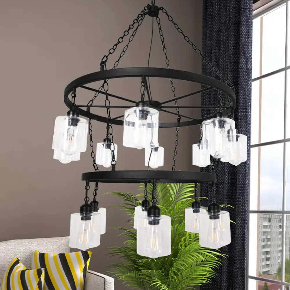 Industrial Pendant Chandelier: 2-Tier Wheel Multi-Light Lamp With Clear Glass Black Finish And