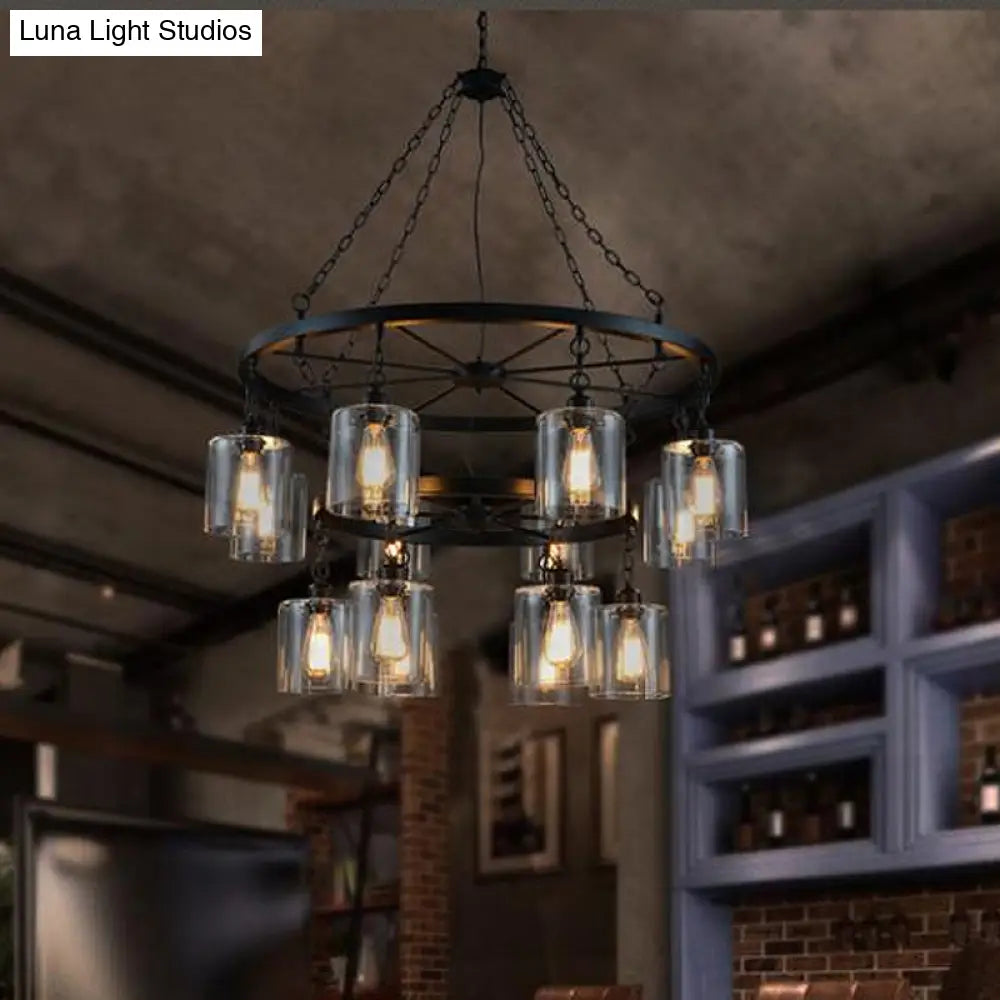 Industrial Pendant Chandelier: 2-Tier Wheel Multi-Light Lamp With Clear Glass Black Finish And