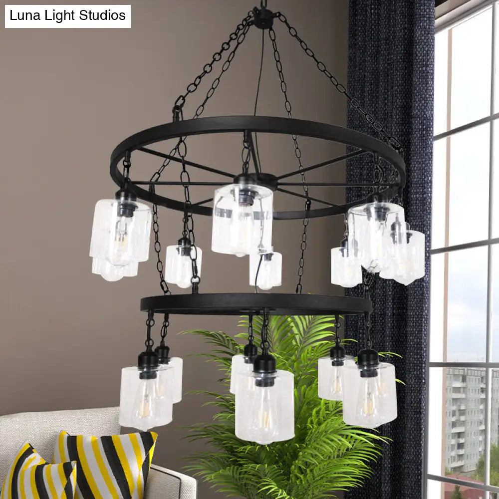 Industrial Clear Glass Black Chandelier Pendant Lamp - 2 Tiers Multi-Light Wheel Design With