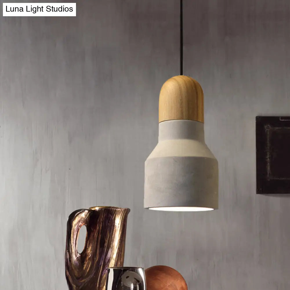 Industrial Cement Grey Pendant Light Kit With Wood Top - Cone/Trapezoid/Can Styles 1-Head 8.5/10/12