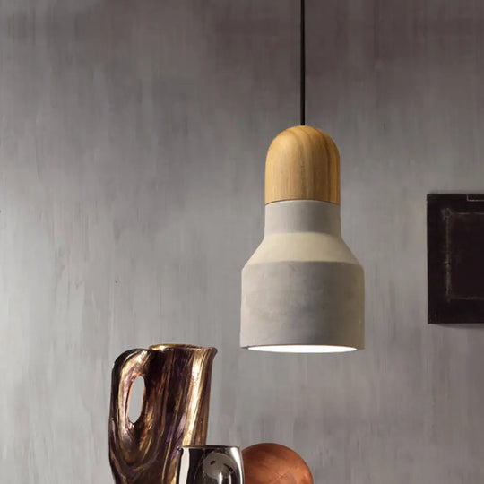 Industrial Pendant Lamp With Wood Top - Cement Grey Cone/Trapezoid/Can Shape 1-Head