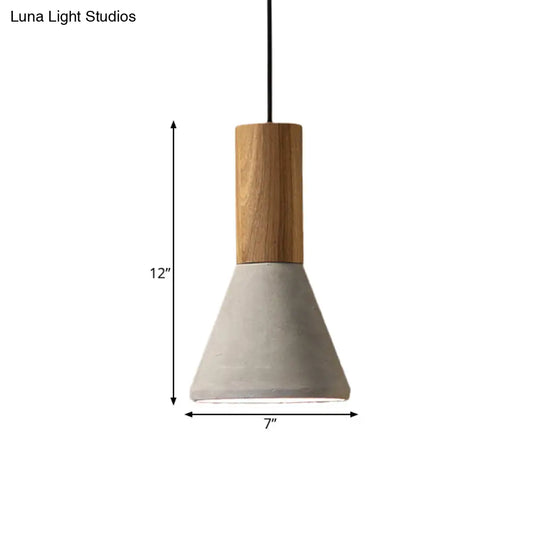 Industrial Pendant Lamp With Wood Top - Cement Grey Cone/Trapezoid/Can Shape 1-Head