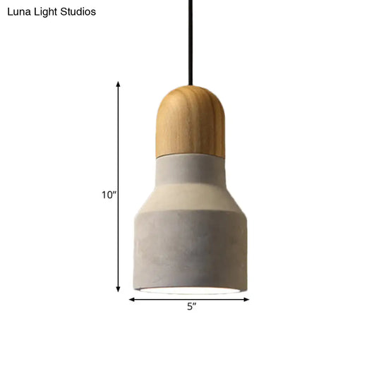 Industrial Pendant Lamp With Wood Top - Cement Grey Cone/Trapezoid/Can Shape 1-Head