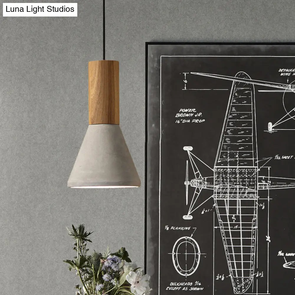 Industrial Cement Grey Pendant Light Kit With Wood Top - Cone/Trapezoid/Can Styles 1-Head 8.5/10/12