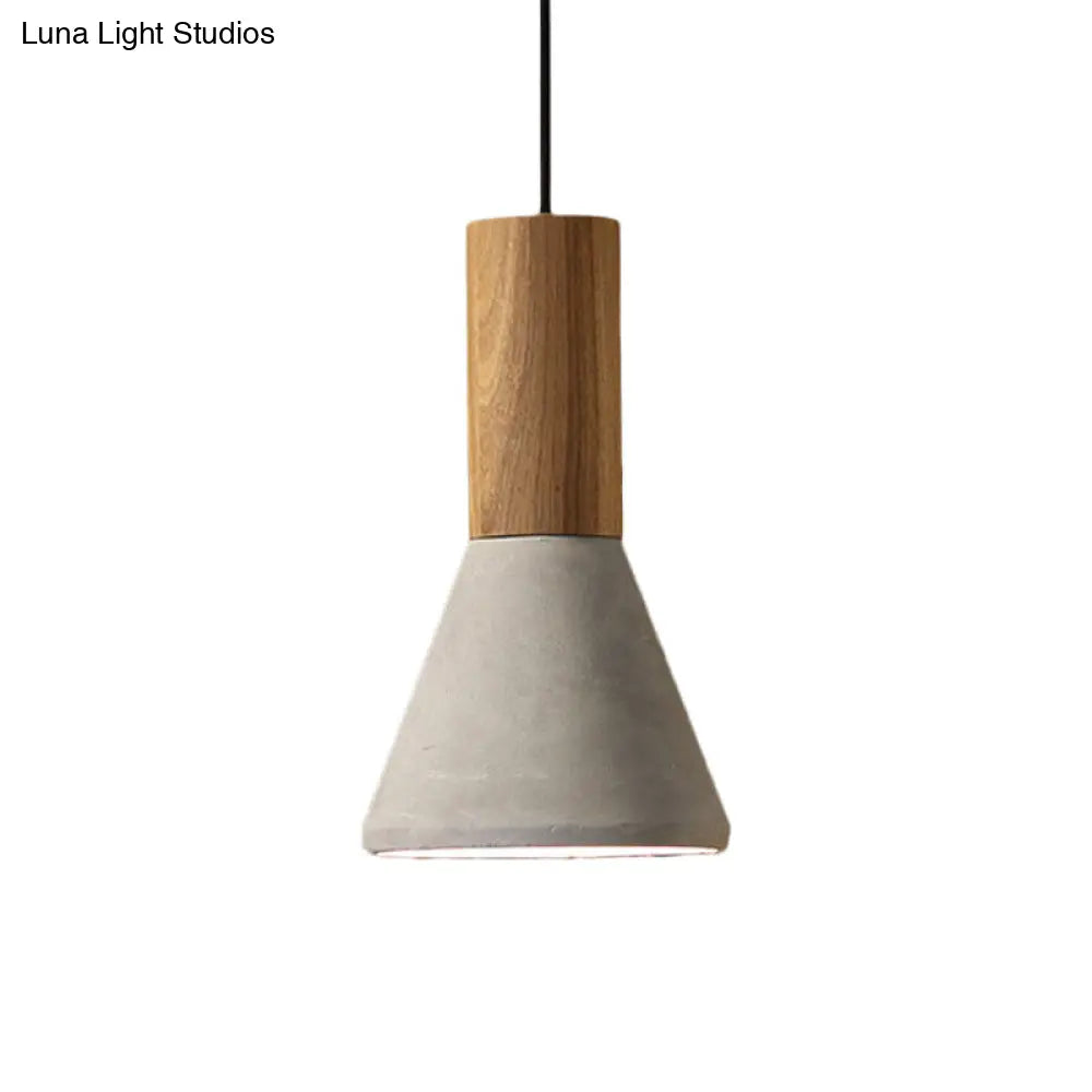 Industrial Cement Grey Pendant Light Kit With Wood Top - Cone/Trapezoid/Can Styles 1-Head 8.5/10/12